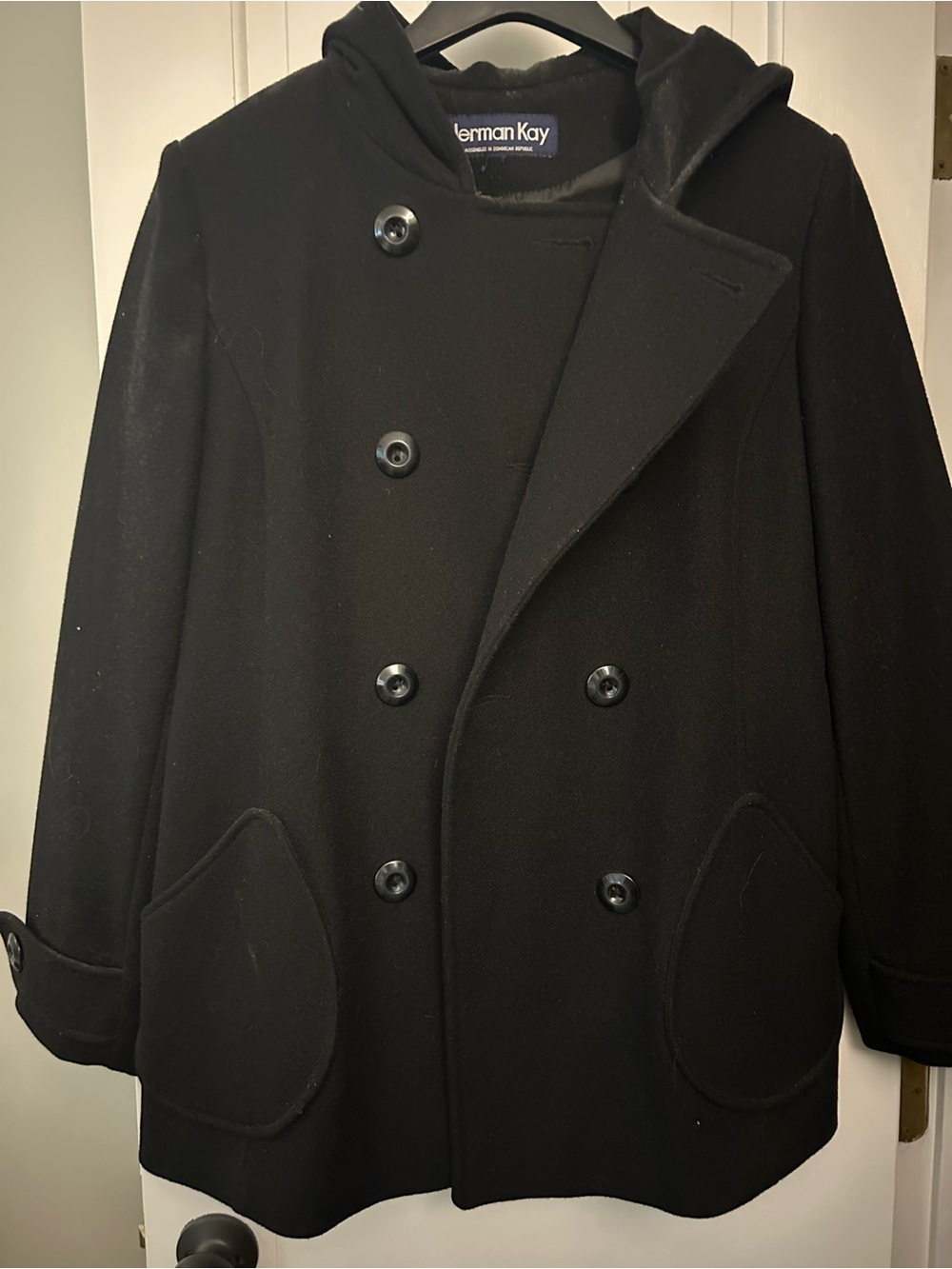 Herman Kay Women's Black Double-Breasted Peacoat with Hood